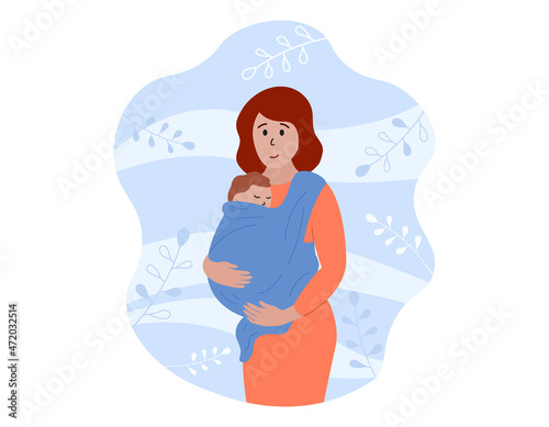 Baby carrier. Mother holding newborn in sling. Child is wrapped in babycarrier and sleeping. Vector flat illustration