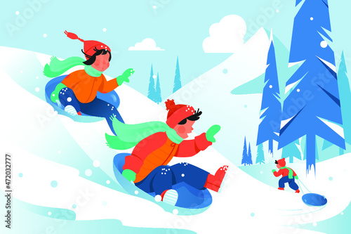 Kids with Ice Floe Ride Down the Hill in Forest