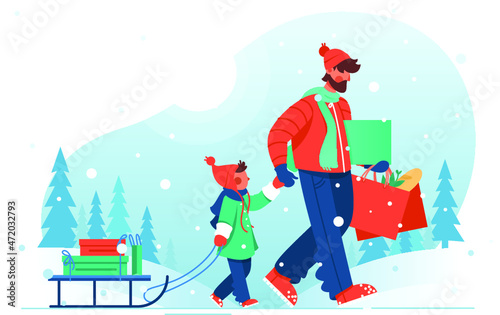 Father Goes with His Son with Sleigh with Shopping