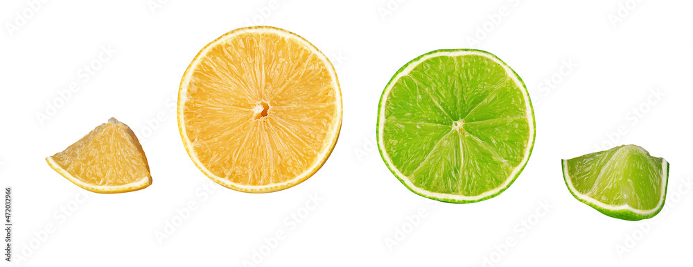 Round and triangular slices of lemon and lime, isolated on a white background