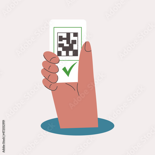QR code vaccine certificate or hand holding smartphone with green certificate vaccination, European sanitary pass Covid result, check mark. Digital health passport and qrcode. Flat vector illustration