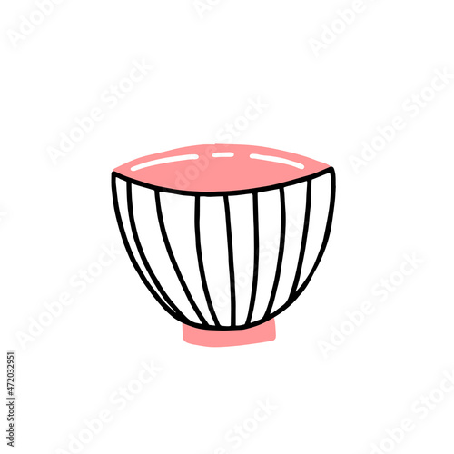 Ceramic pink and white striped cup with line patterns in simple doodle style. Vector illustration isolated on white background.