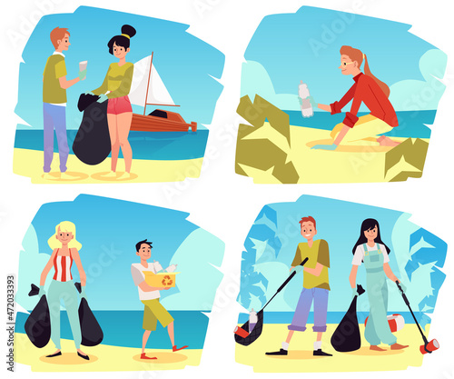 Set of scenes of environmental volunteering, flat vector illustration isolated.