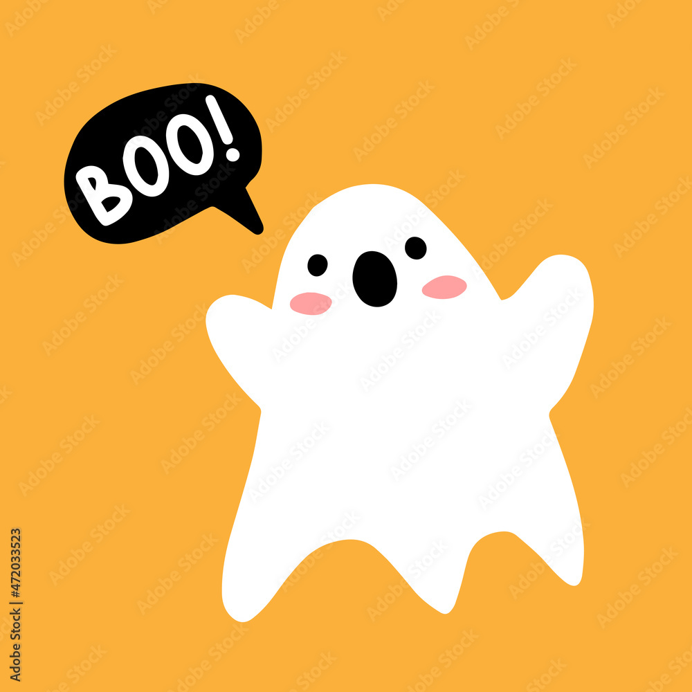 Cute scary ghost on a yellow background with boo lettering. Vector illustration of a card with a ghostly character isolated on background. Cute scary ghost on a yellow background with boo lettering. Vector illustration of a card with a ghostly character isolated on background.