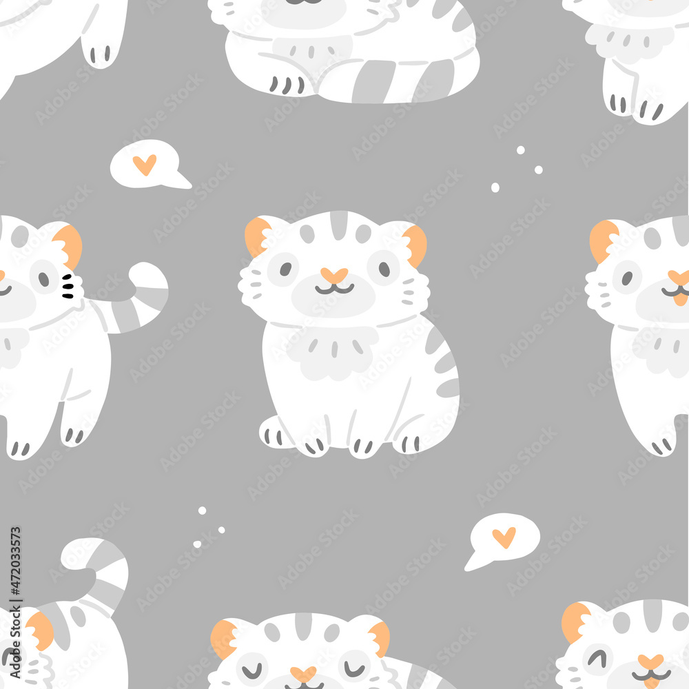 Children's seamless pattern with cute white tiger cubs on a gray background. Vector illustration background in pastel colors.