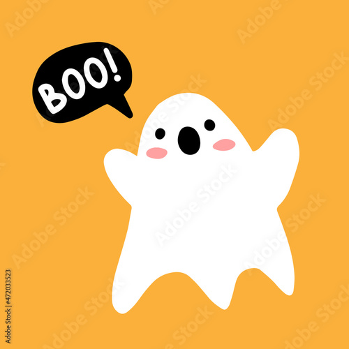 Cute scary ghost on a yellow background with boo lettering. Vector illustration of a card with a ghostly character isolated on background.
