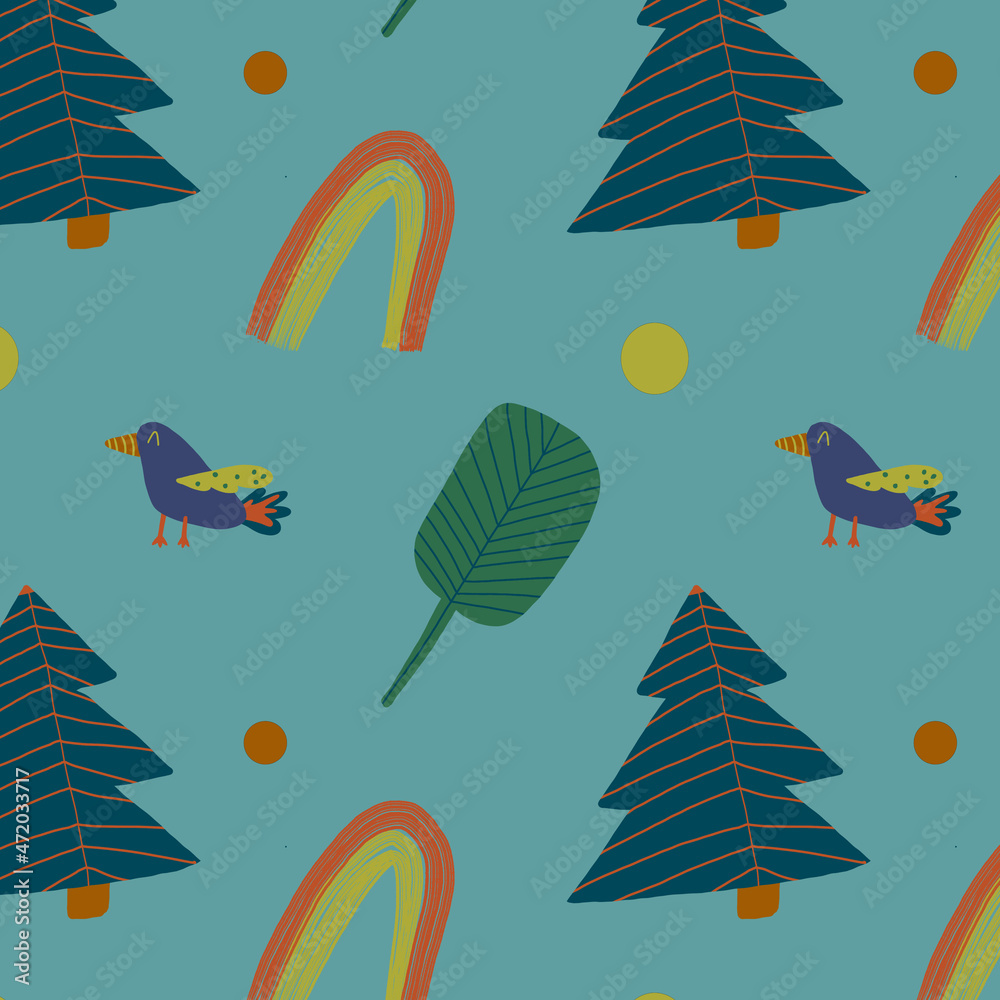 Naklejka premium Seamless pattern set that includes flowers, rainbows, dolly houses, colorful dots, very simple plants. Beautiful color scheme.