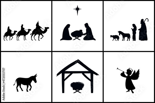 Holiday set silhouettes Christmas christian Nativity. Bible story Mary Joseph and baby Jesus in a manger, star of Bethlehem, three wise men, shepherds, angel. Religious vector greeting card