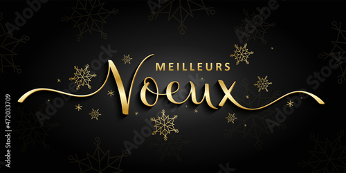 Bannière calligraphique vecteur MEILLEURS VOEUX en or sur fond noir avec flocons de neige