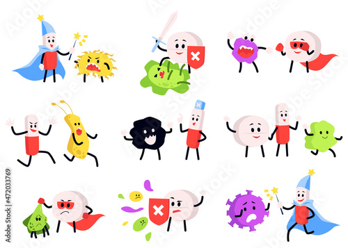 Set of medical antibiotic pills characters, flat vector illustration isolated.