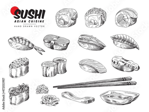 Big collection of hand drawn Japanese sushi sketch vector illustration isolated.