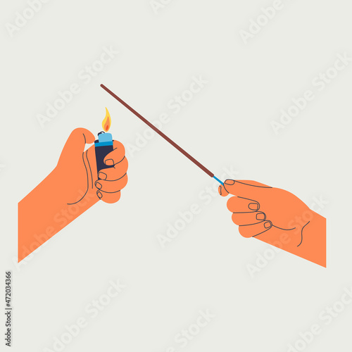 Hands sets fire to an incense stick with a lighter. Step by step instructions for incense sticks. Vector flat illustration.