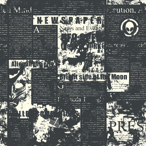 Abstract seamless pattern with illegible newspaper text, headlines and illustrations on a black backdrop in grunge style. Old monochrome vector background. Wallpaper, wrapping paper or fabric design