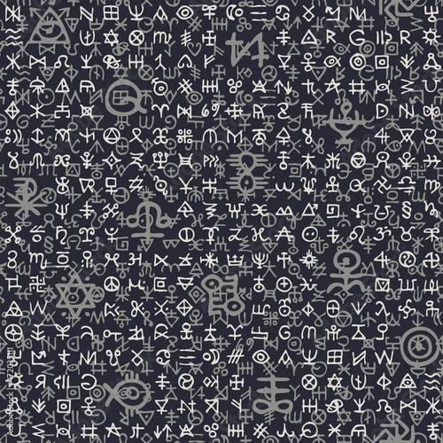 Abstract seamless pattern with magical runes and esoteric signs in retro style. Vector background with white and grey mystical symbols on a black backdrop. Wallpaper, wrapping paper or fabric design