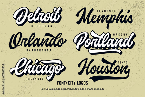 Original Retro Script Font and City Logos. Vector