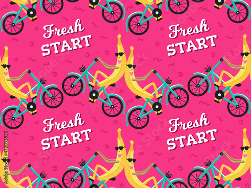 Sports bananas doing bike tricks. Summer fruits are engaged in Cycling. Summer seamless pattern. Perfect for poster, packaging, clothing.