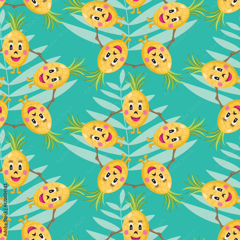 Seamless tropical pattern with funny pineapples Seamless tropical pattern with funny pineapples