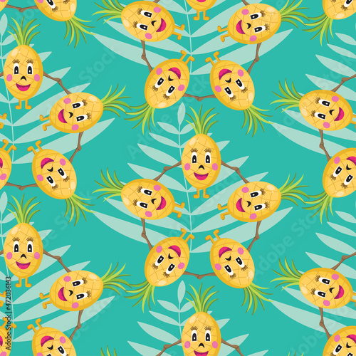 Seamless tropical pattern with funny pineapples