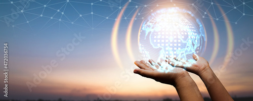 Hand of human holding trends of online connection metaverse technology and digital innovation  businesses concept in 2022, hand of businessman holding world of the internet technology network 