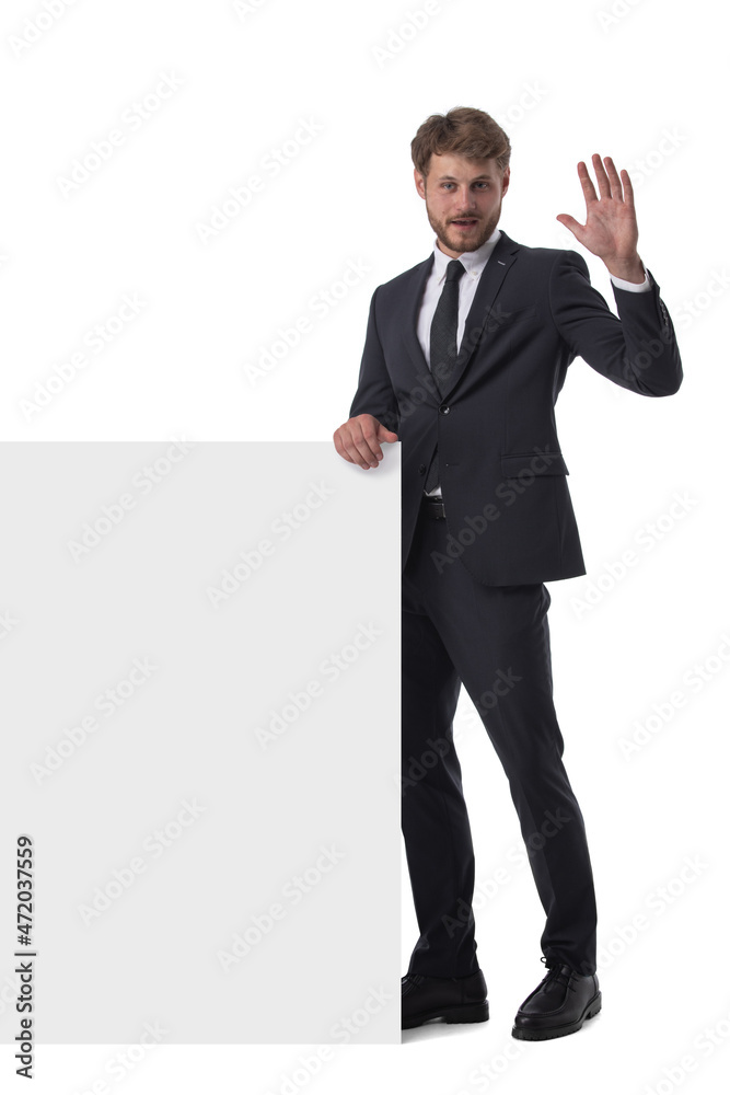 Business man in suit with banner Business man in suit with banner