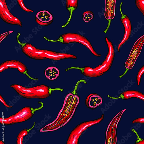Vector sketch seamless pattern of chili pepper set drawing isolated on white. Engraved style. Ink. natural business. Vintage, retro object for menu, label, recipe, product packaging
