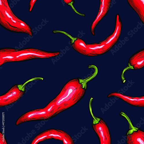 Vector sketch seamless pattern of chili pepper set drawing isolated on white. Engraved style. Ink. natural business. Vintage, retro object for menu, label, recipe, product packaging