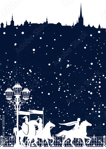 fairy tale vector scene with falling snow and king riding horse with banners and knights - winter season in the medieval city street copy space background