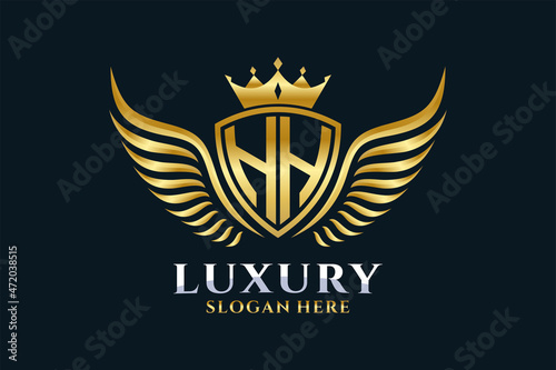 Luxury royal wing Letter HH crest Gold color Logo vector, Victory logo, crest logo, wing logo, vector logo template.