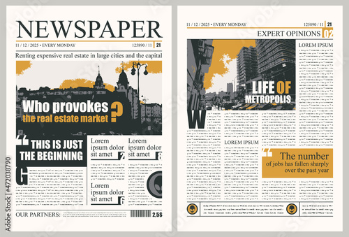 Vector newspaper layout with headlines, illustrations and imitation of text. News column articles and daily advertising construction. Newsprint design or magazine page template.