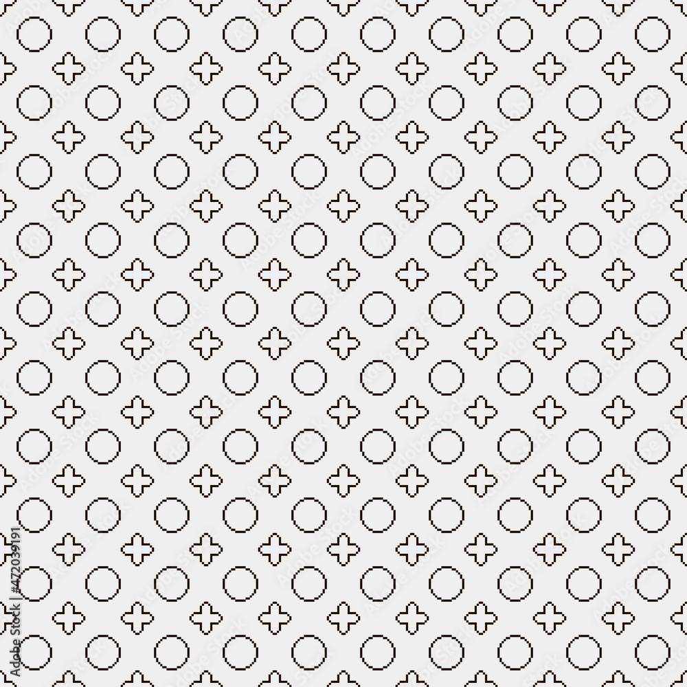 simple vector pixel art black and white seamless pattern of minimalistic abstract circles and crosses with rounded edges on white background