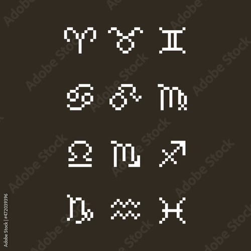 simple flat pixel art illustration of set of black and white zodiac signs icons