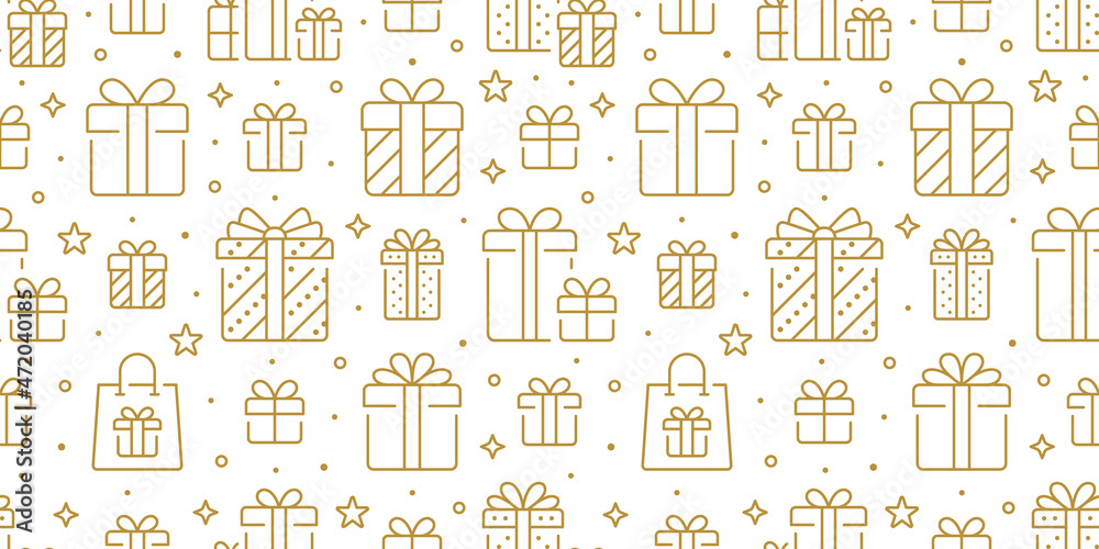 Gifts gold seamless pattern. Vector on white background included line icons as box, wrap, xmas, surprise, paper, handbag outline pictogram for christmas present