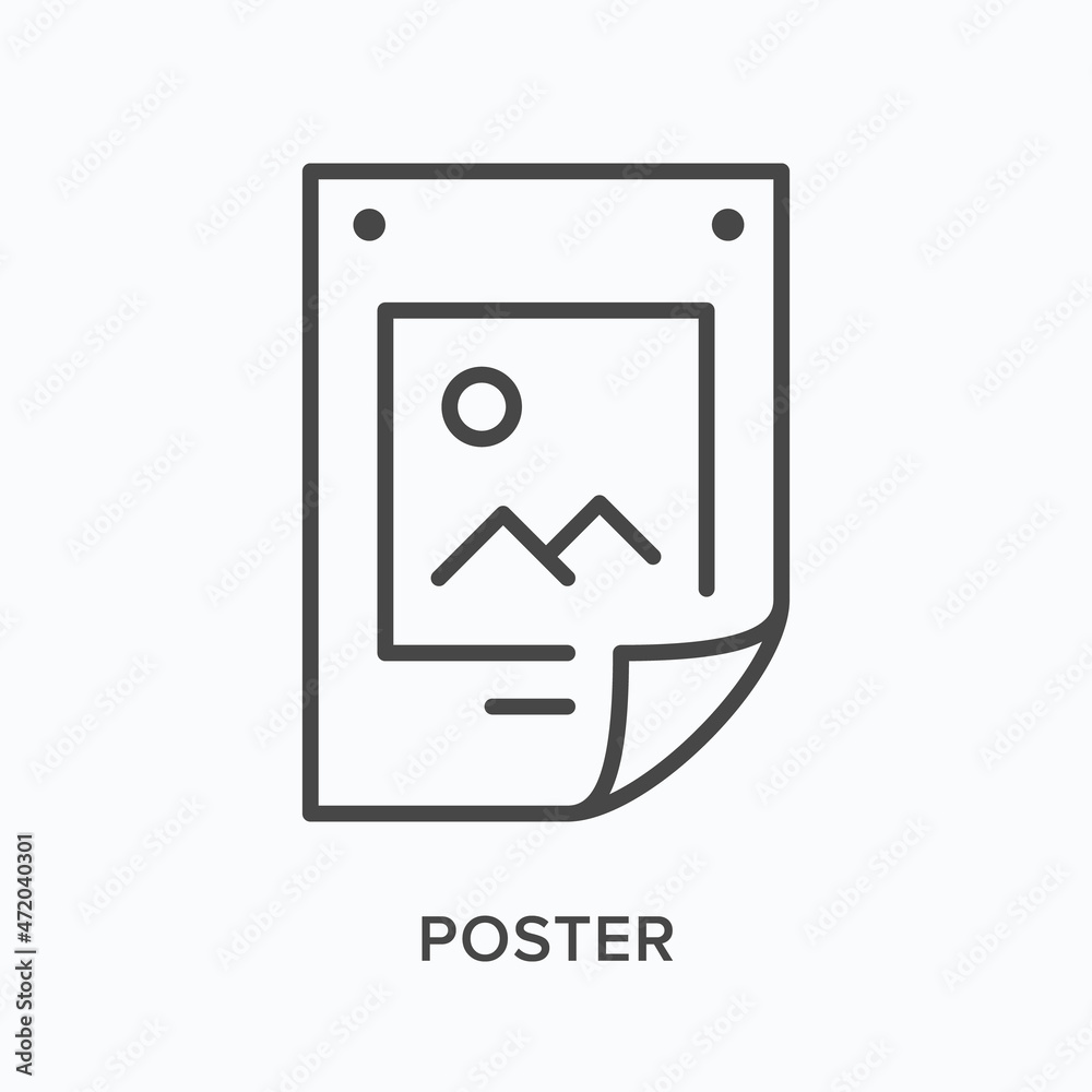 Poster flat line icon. Vector outline illustration of marketing banner. Black thin linear pictogram for billboard Poster flat line icon. Vector outline illustration of marketing banner. Black thin linear pictogram for billboard