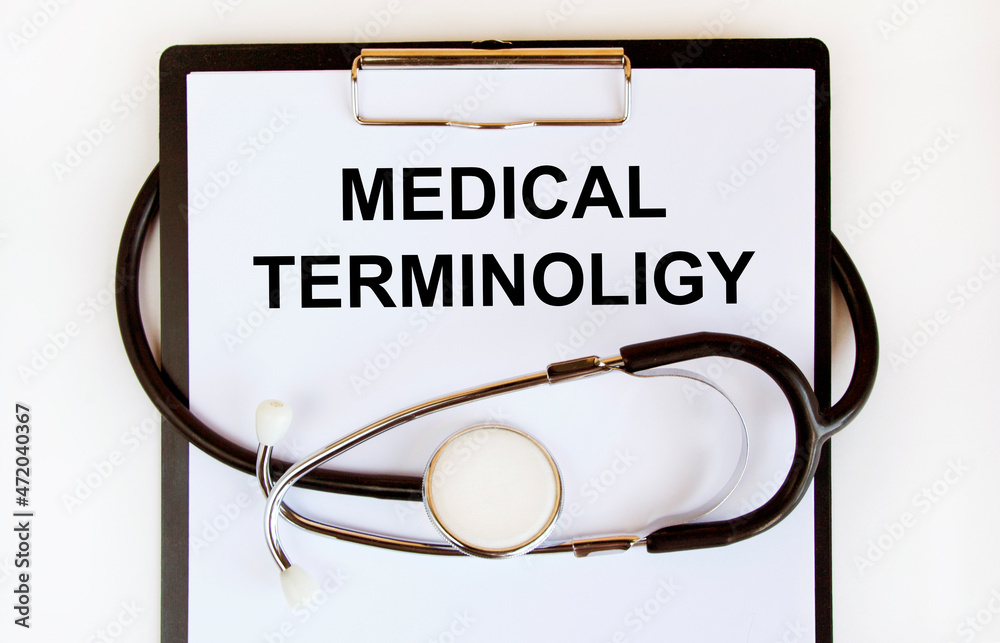 Ταπετσαρία On the tablet for writing the text MEDICAL TERMINOLIGY, around it is wrapped a stethoscope
