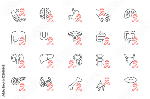 Cancer types line icons. Vector illustration include icon - breast, stomach, respiratory, pancreas, kidney, testicles, uterine outline pictogram for oncology. Black and Red Color, Editable Stroke