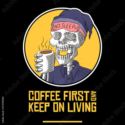 Illustration of skull holding a cup of coffee