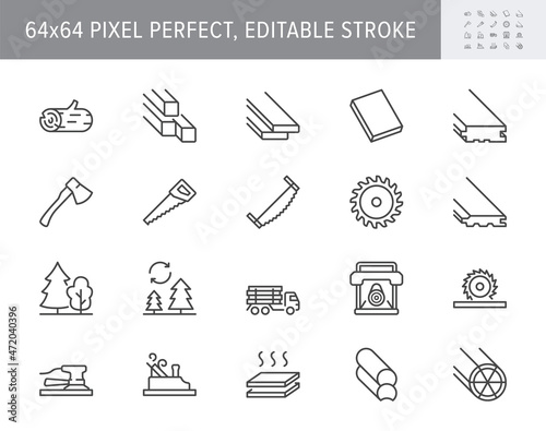 Lumber line icons. Vector illustration include icon - log, plank, polishing grinder, saw, lumberjack, cutting, carpentry outline pictogram for wood cutting. 64x64 Pixel Perfect, Editable Stroke