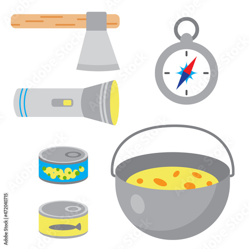 Set of touristic and camping equipment. Compass, axe, flashlight, pot with food, matches box and canned food. Things for active vacations. Luggage icons for travel, journey and hike. 