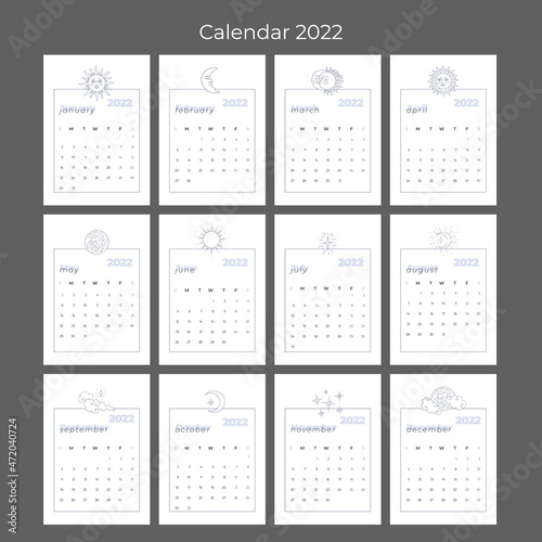 2022 year monthly calendar with monochrome celestial mystic illustrations. Starting on Sunday.