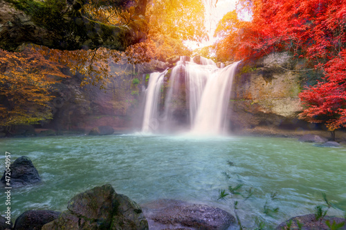 Fototapeta Naklejka Na Ścianę i Meble -  Beautiful waterfall with sunlight in jungle, Haew Suwat Waterfall at khao yai Nakhonratchasima province
