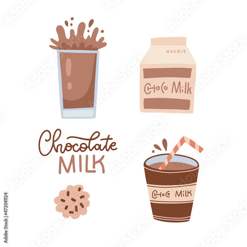 Set of chocolate milk. Choco milky with splash in full glass. Drink in a cardboard box and a cardboard cup with a straw Vector flat hand drawn illustration isolated on white.