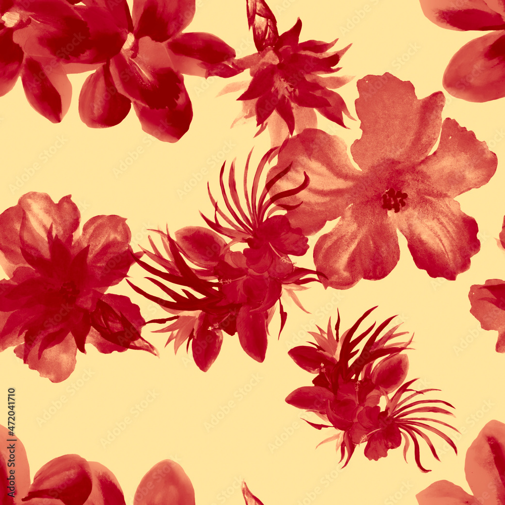Coral Watercolor Illustration. Red Flower Wallpaper. Rusty Seamless Backdrop. Pink Hibiscus Foliage. Pattern Decor. Tropical Garden. Fashion Set.Art Design.