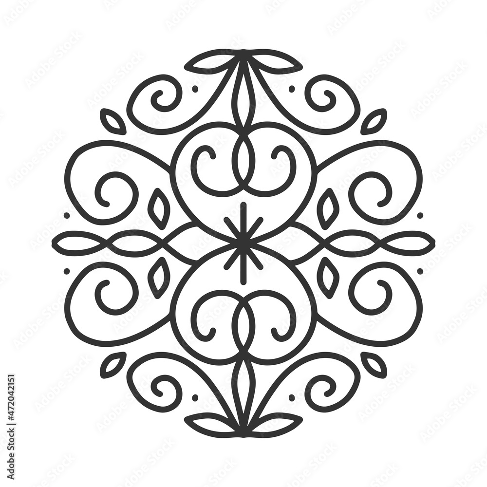 Round line pattern, logo template. Monochrome geometric mandala ornament in trendy linear style for luxury products, organic cosmetics packaging. Imitation lace or forging. Line vector illustration.
