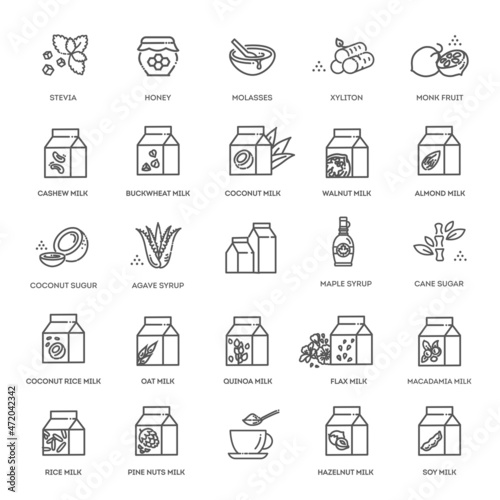 Vegan milk and Alternative sugar. vegetable milk simple thin line icon set vector illustration