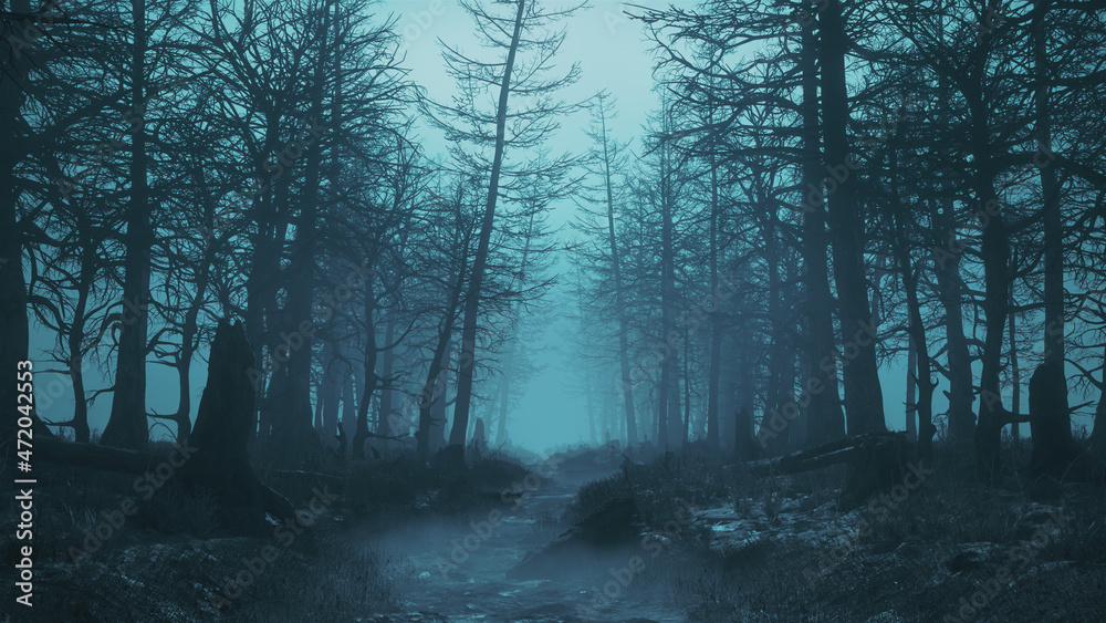 3d render of a night scary forest with fog