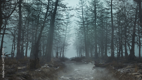 3d render of a daytime scary forest with fog