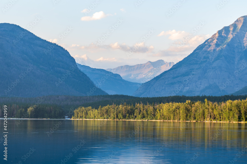 Lake McDonald in Glacier National Park in Montana on a sunny summer evening