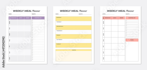 Weekly meal planner. 3 set of weekly meal planners. weekly meal planner pages design collection set of templates. Minimalist planner templates collection.