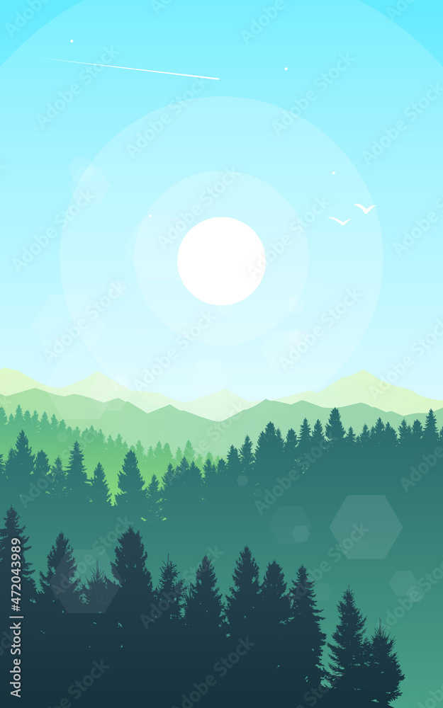 Nature landscape. Sunrise scene in nature with mountains and forest, silhouettes of trees. Hiking tourism. Adventure. Minimalist graphic flyers. Polygonal flat design for coupons, vouchers, gift cards