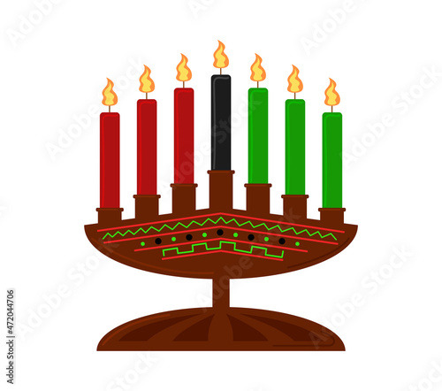 Kwanzaa seven candles in candle holder isolated. African holiday symbol with ornament decor. Vector flat illustration